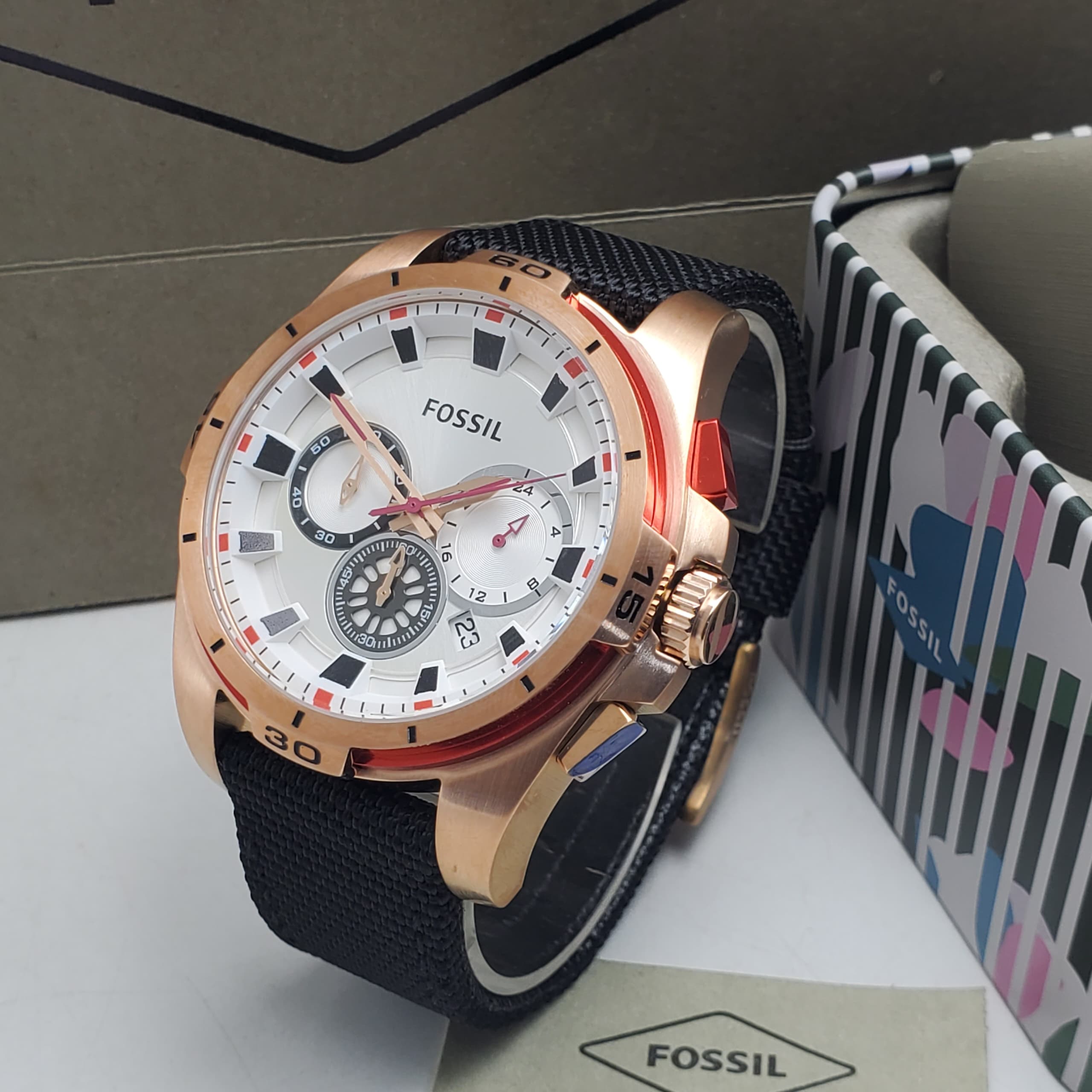 Fossil Chronograph Rose Gold White Dial Black Strap