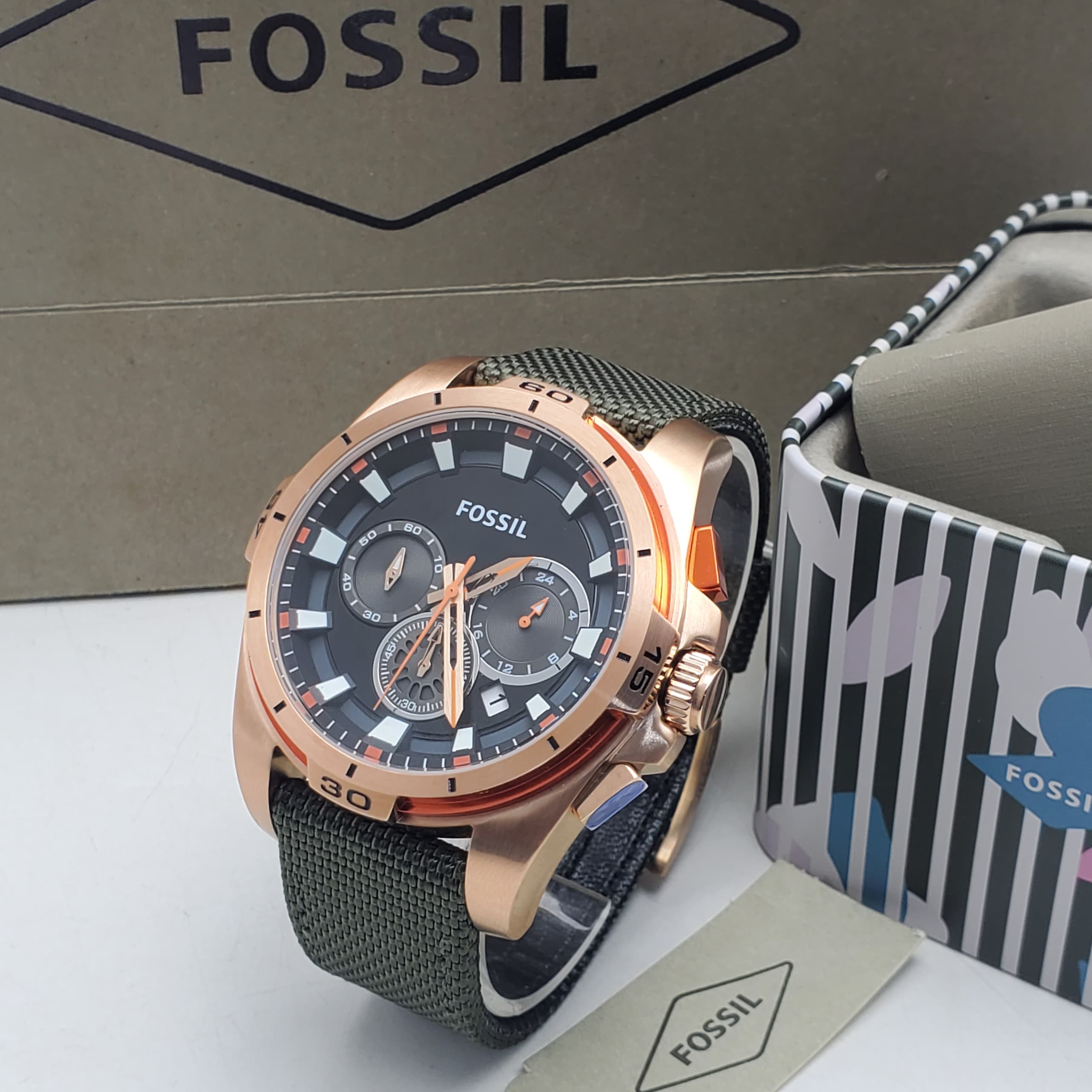 Fossil Chronograph Rose Gold Dark Dial Olive Strap