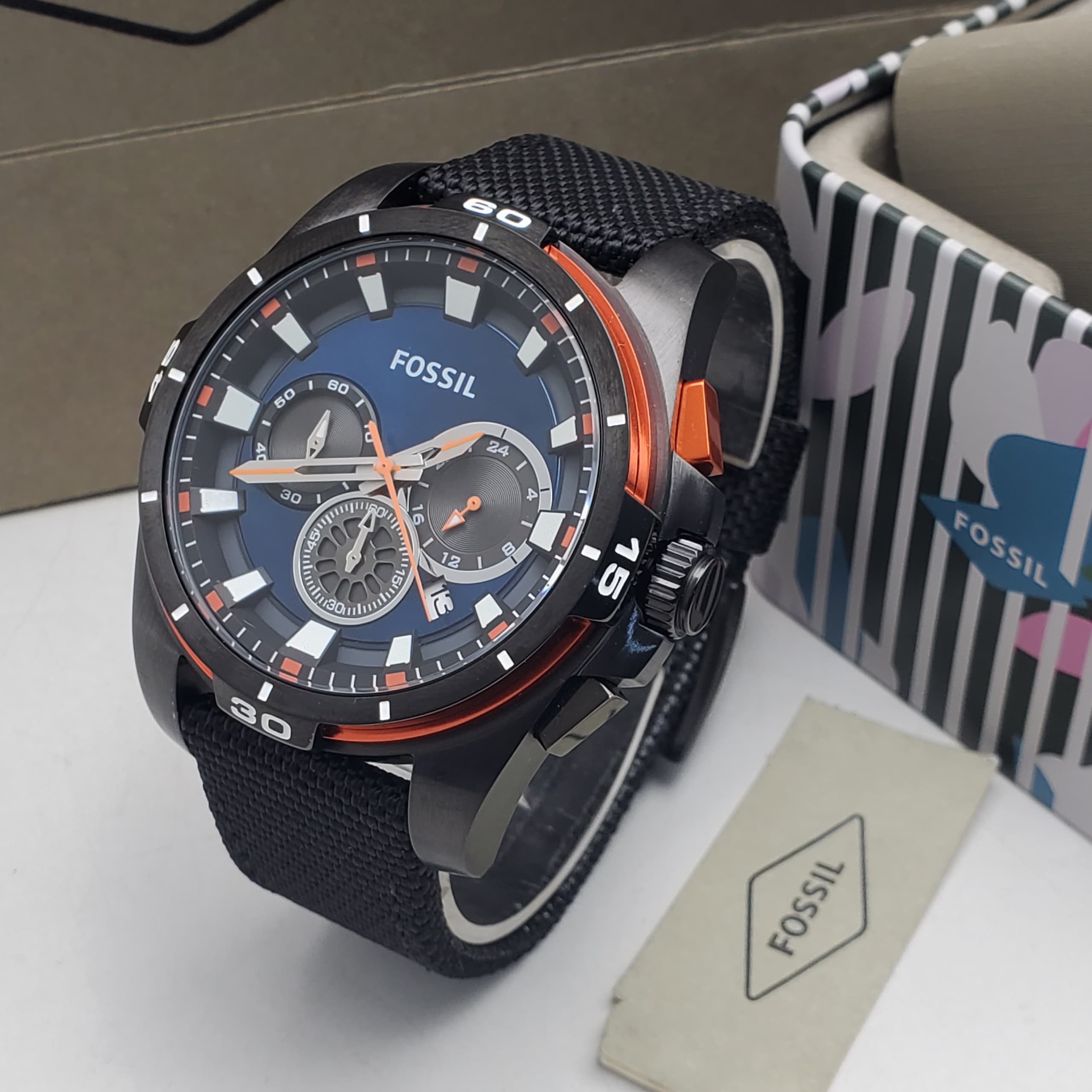 Fossil Chronograph Black Orange Blue Dial
