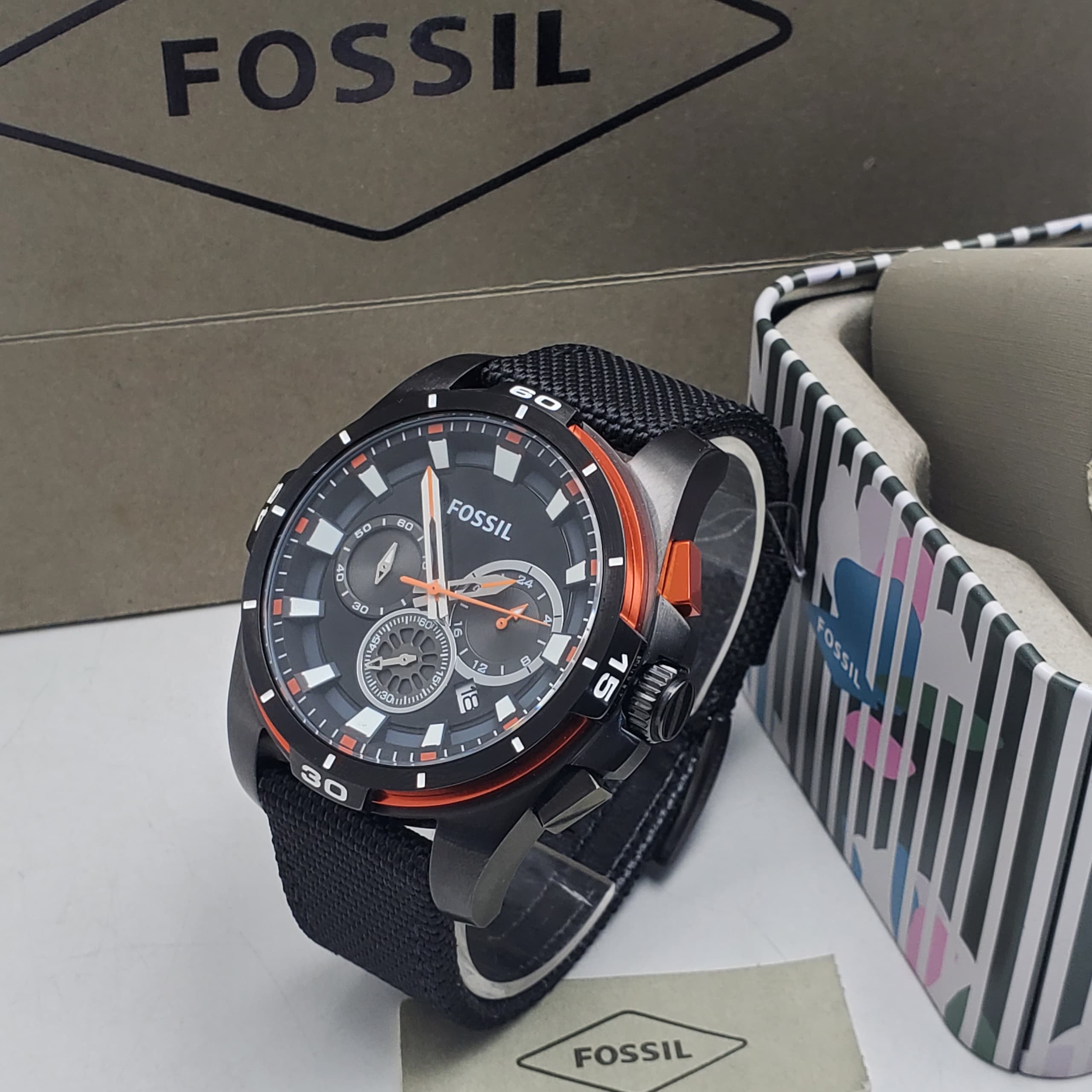 Fossil Chronograph Black Case Black Dial Orange Accents
