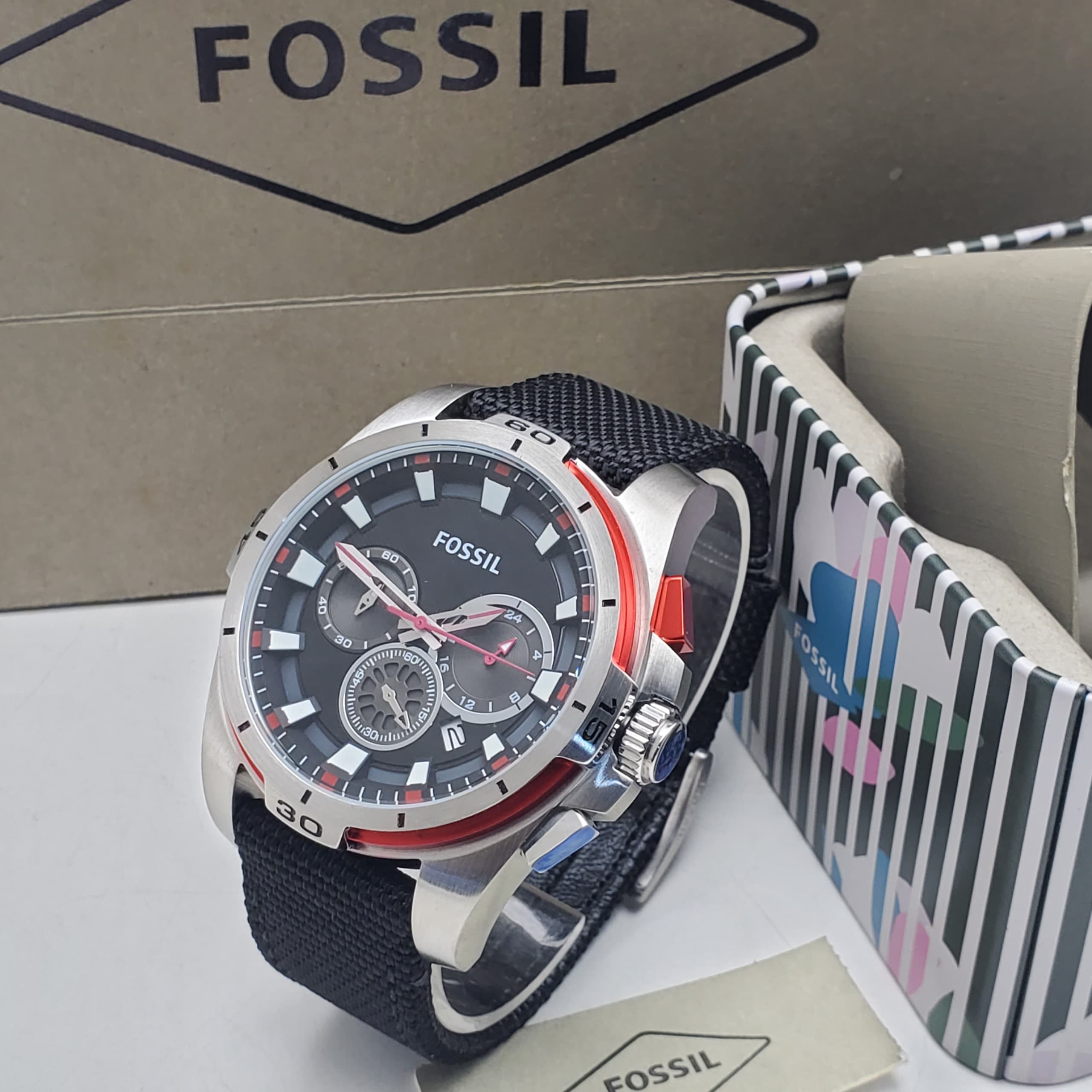 Fossil Chronograph Silver Steel Red Accents Black Dial