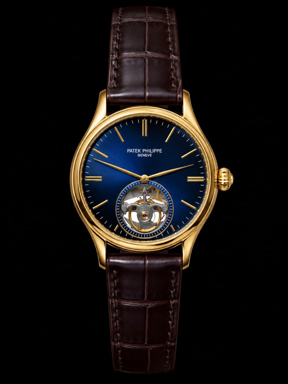Hislon watch blue dial gold steel case brown croc leather strap