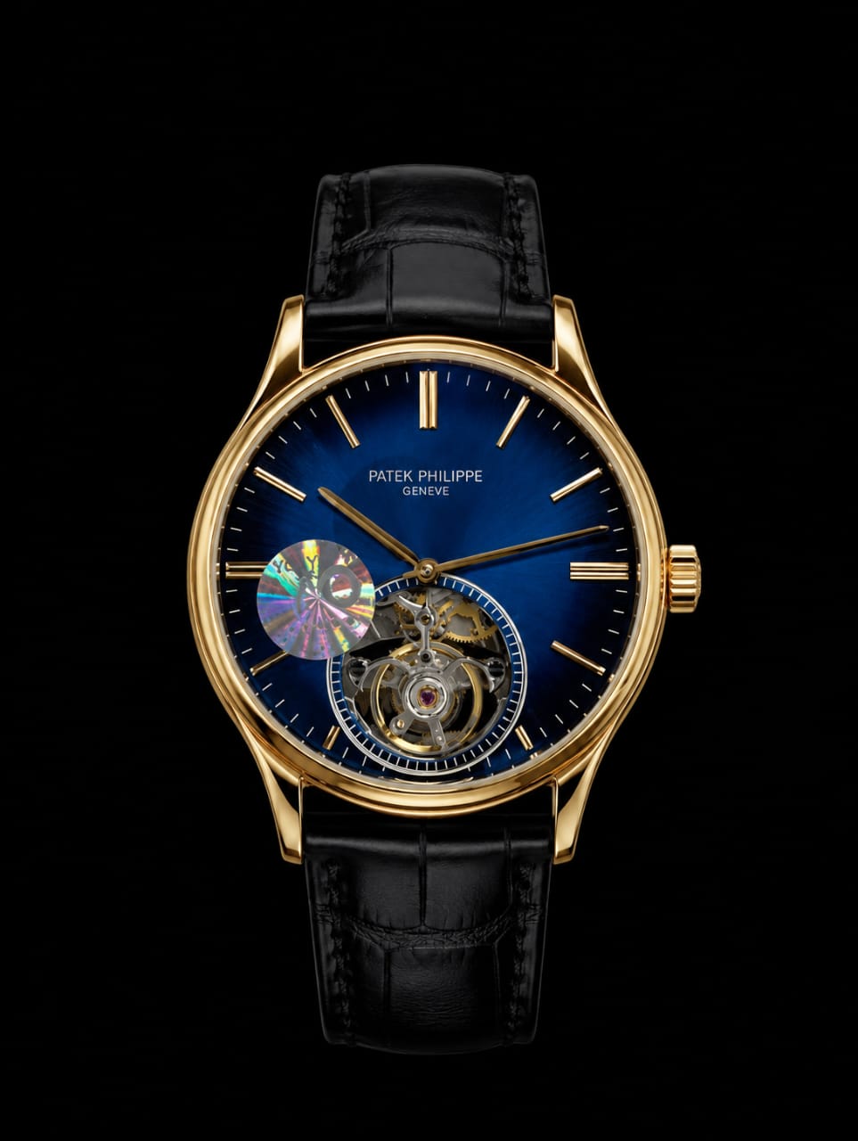 Hislon watch blue dial gold case black croc leather strap
