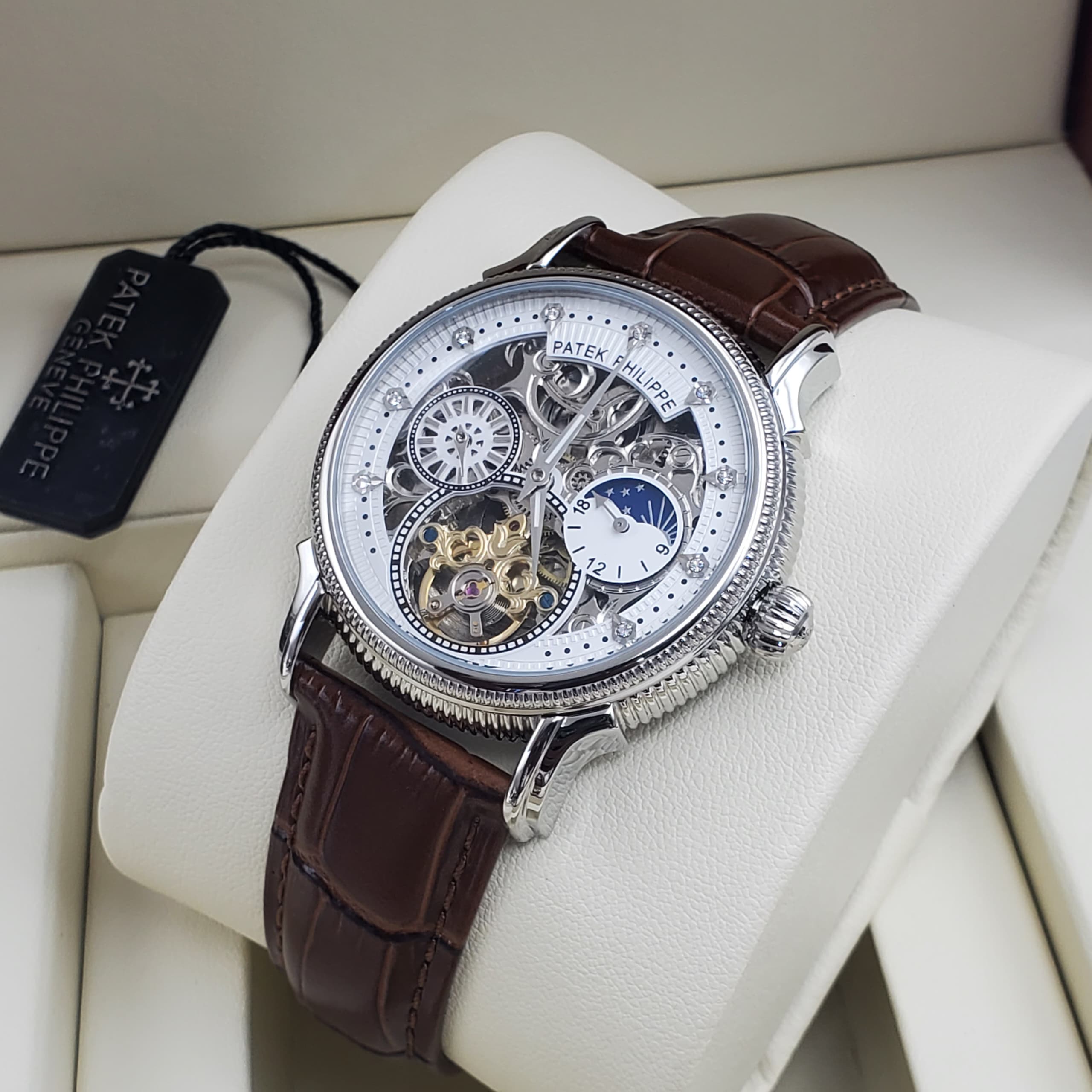 Patek Philippe Grand Complication Tourbillon — White Dial, Silver Case, Brown Croc Leather