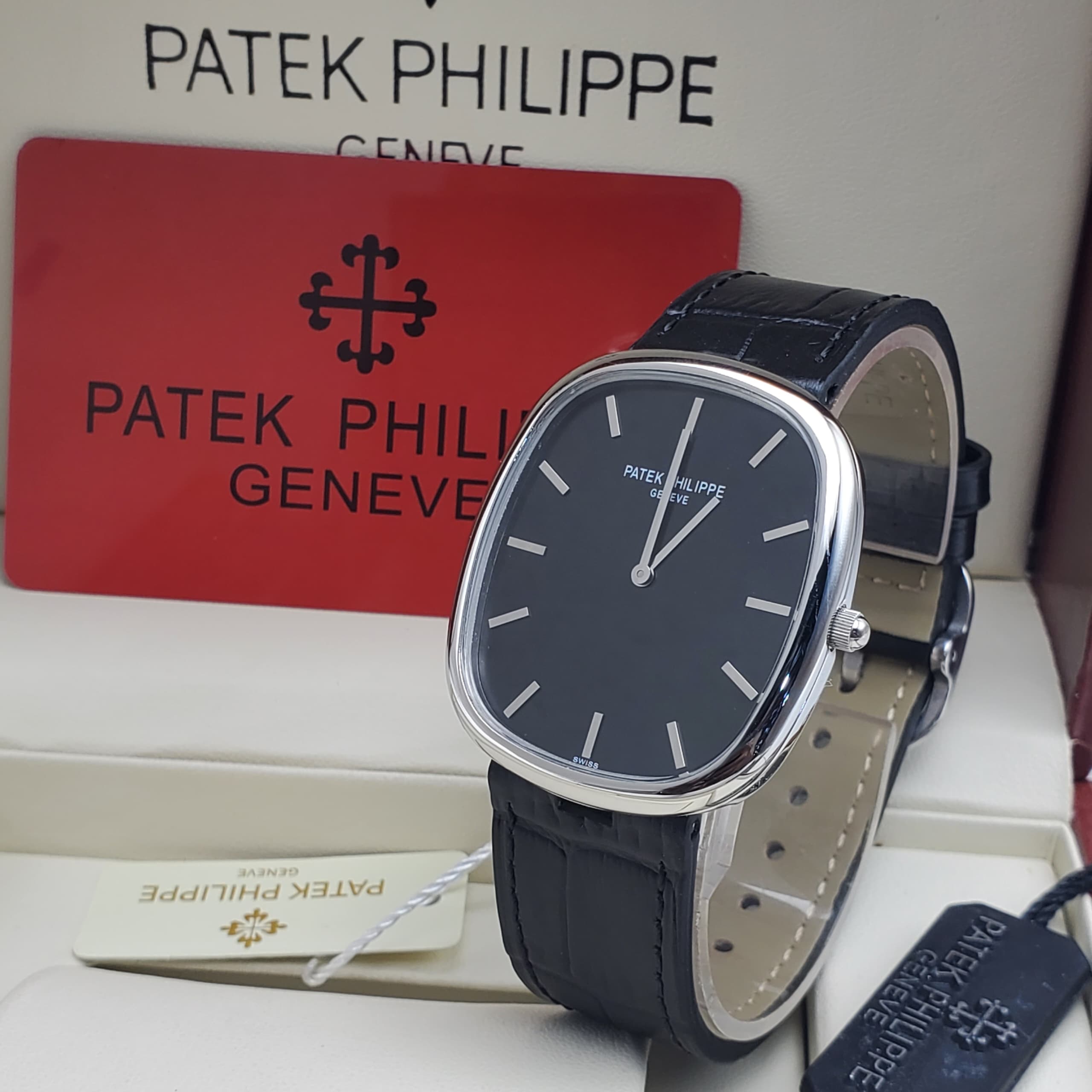 Patek Philippe Golden Ellipse Silver Black Leather - White Dial