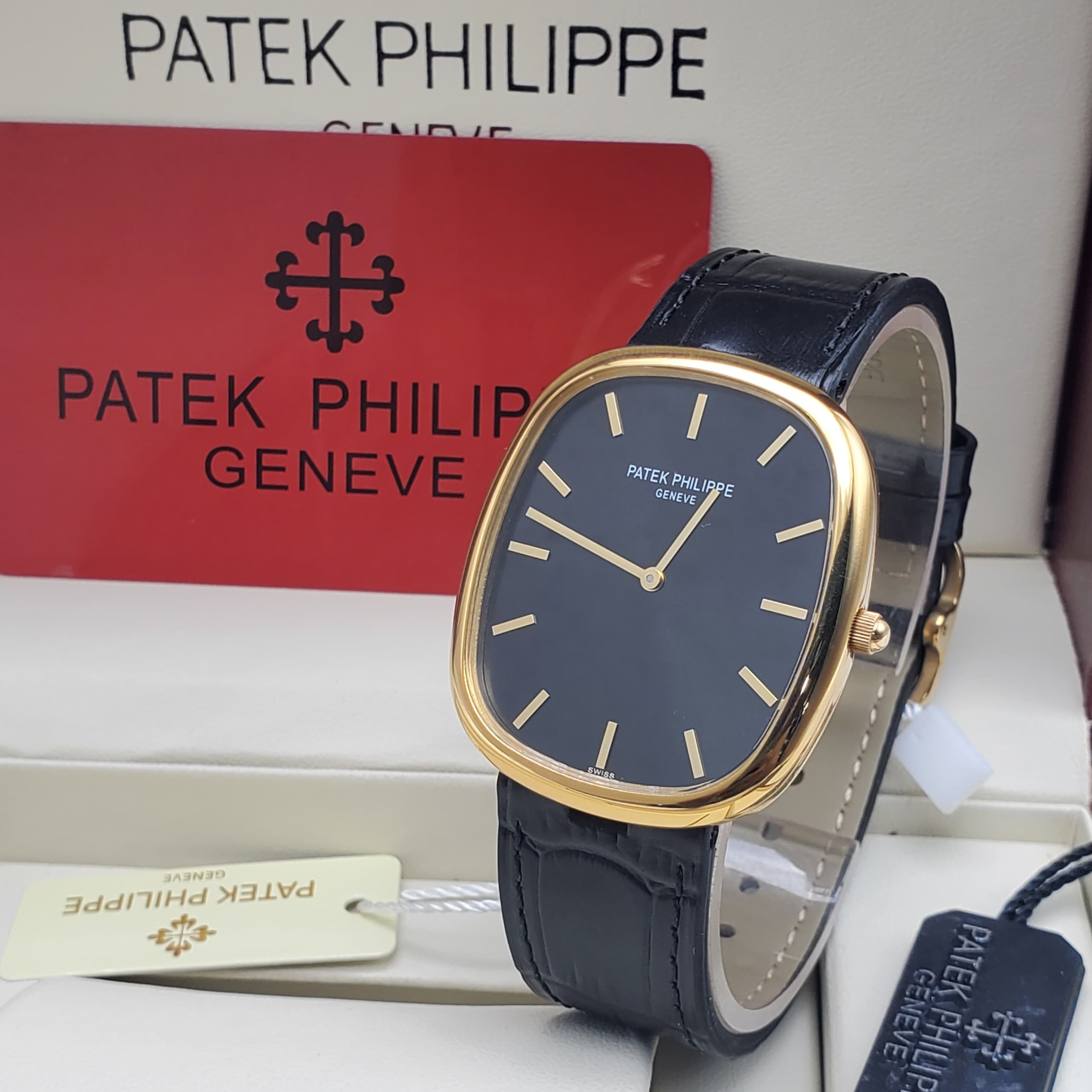 Patek Philippe Golden Ellipse Gold Steel - Black Leather - Black Dial