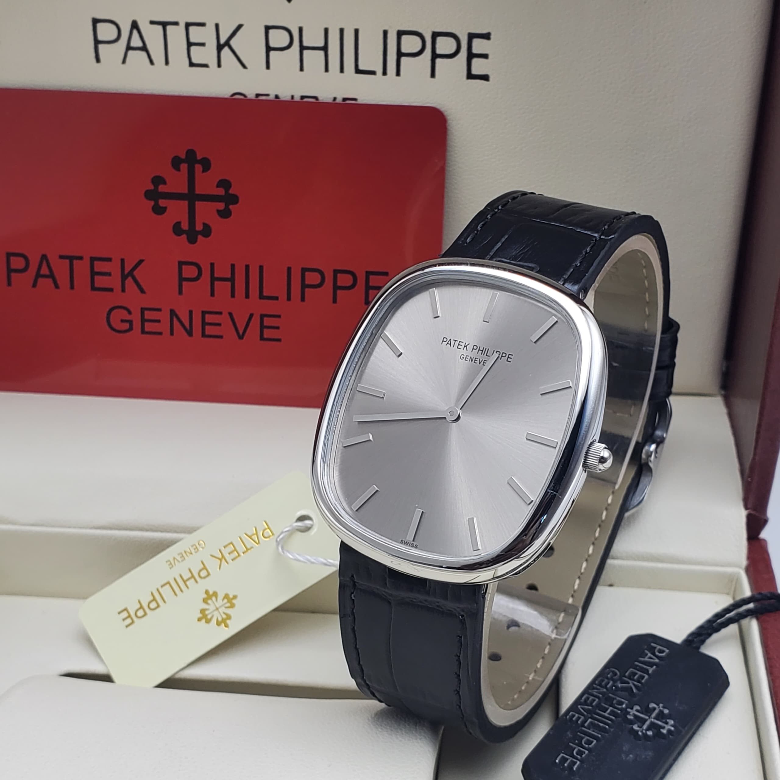 Patek Philippe Golden Ellipse Silver - Black Leather - Silver Dial