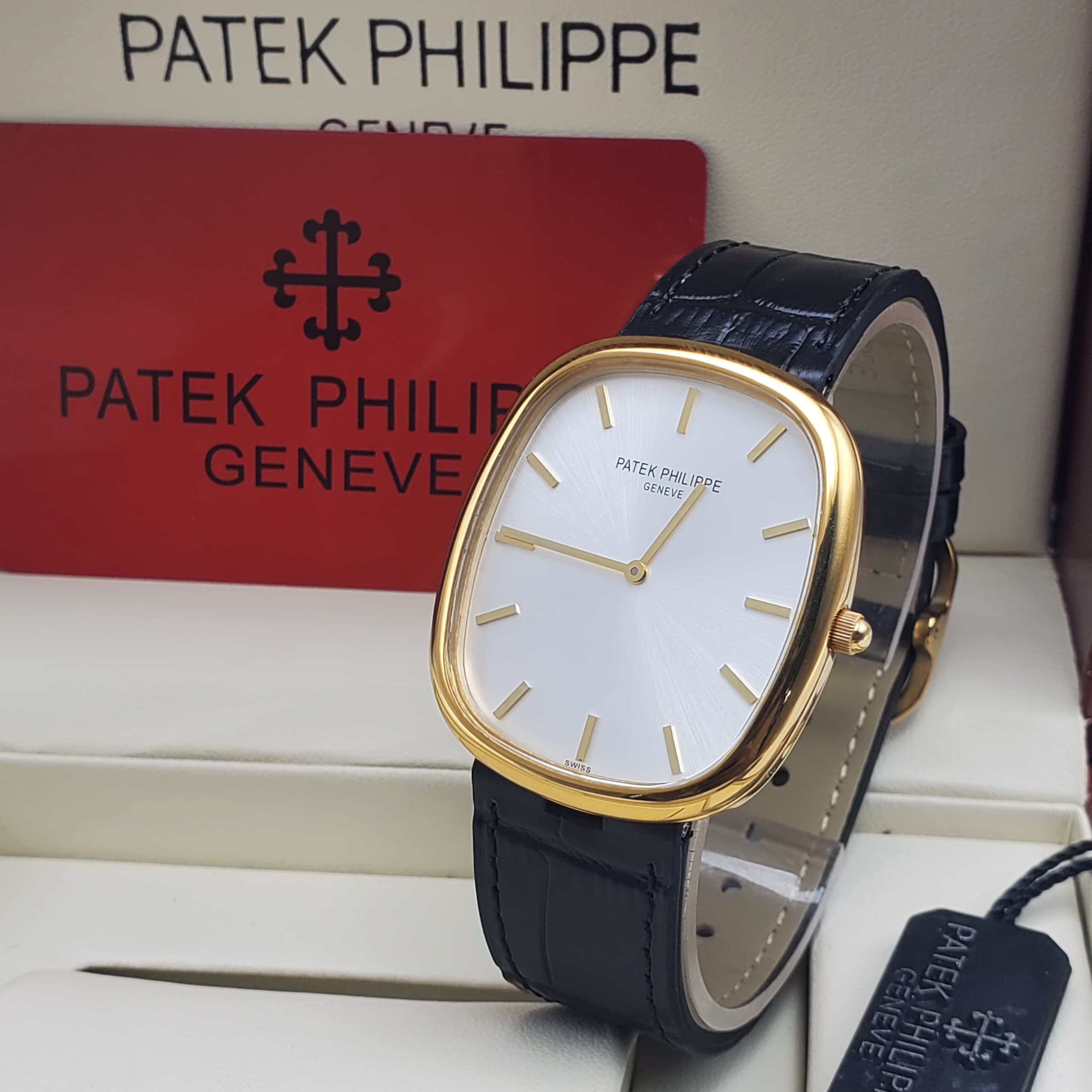 Patek Philippe Golden Ellipse Gold Havana White Dial Black Leather