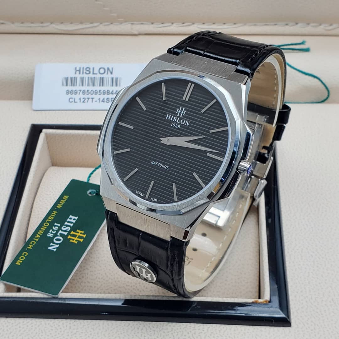 Hislon Ultra Slim men's watch with a black crocodile-patterned leather strap and silver stainless steel case.